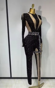 Renne sexy sparkly diamond black long sleeve bodycon mesh jumpsuit