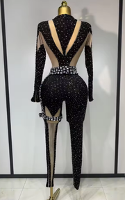 Renne sexy sparkly diamond black long sleeve bodycon mesh jumpsuit