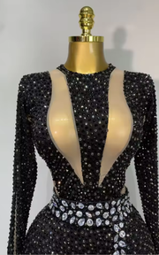 Renne sexy sparkly diamond black long sleeve bodycon mesh jumpsuit