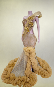 Sparkly gold diamond beaded crystal rhinestone sequin long prom dress