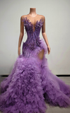 Purple beaded crystal ruffled high slit long prom dress
