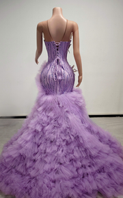 Purple beaded crystal ruffled high slit long prom dress