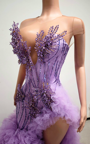 Purple beaded crystal ruffled high slit long prom dress