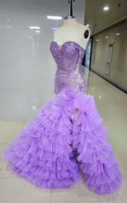 Luxury Lilac Long Prom Dress with Crystals and Ruffled Train