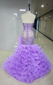 Luxury Lilac Long Prom Dress with Crystals and Ruffled Train