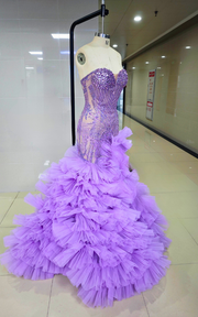 Luxury Lilac Long Prom Dress with Crystals and Ruffled Train