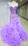 Luxury Lilac Long Prom Dress with Crystals and Ruffled Train