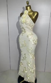 Meara Halter High Waist Floral Embroidered Slim Long Evening Dress