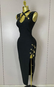Sam Elegant Slim Black Wrap Sleeveless Long Dress