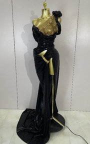 Sparkly Rhinestone One Shoulder High Split Maxi Evening Dress