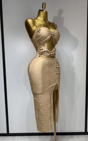 Emily Sexy Cut Out Beaded Bronzing Gold Midi Bandage Dress