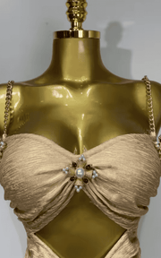 Sexy Cut Out Beaded Bronzing Gold Midi Bandage Dress