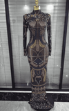 Kendra Colorful Rhinestone Long Sleeve Sheer Mesh Bodycon Long Dress