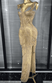 Caroline Golden Rhinestone Sleeveless V Neck Sheer Mesh Bodycon Long Dress