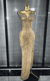 Caroline Golden Rhinestone Sleeveless V Neck Sheer Mesh Bodycon Long Dress