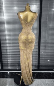 Caroline Golden Rhinestone Sleeveless V Neck Sheer Mesh Bodycon Long Dress