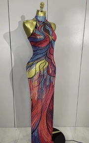 Kate Sparkly Rhinestone Floral Print High Split Mesh Maxi Dress