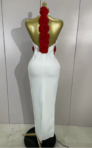 Kelly Backless White Bodycon Long Bandage Dress With Red Flower