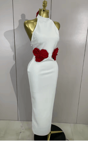 Kelly Backless White Bodycon Long Bandage Dress With Red Flower
