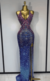 Katrina Sparkly Colorful Rhinestone Deep V Neck Backless High Split Maxi Dress
