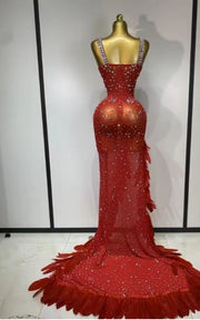 Sandra Luxury Red Feather Rhinestone High Slit Evening Dress