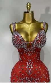 Sandra Luxury Red Feather Rhinestone High Slit Evening Dress