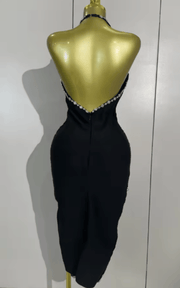 Samia black halter V neck backless diamond bandage gown for women. Elegant party dress for weddings, cocktails, and evening events.