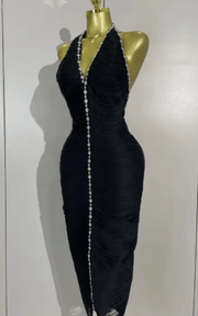 Samia black halter V neck backless diamond bandage gown for women. Elegant party dress for weddings, cocktails, and evening events.