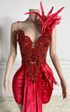 Red sparkly Short dress with rhinestone tube top, feather shoulder details, and long velvet hem – elegant evening gown for women