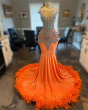 Luxury Orange Feather Prom Dress with Beads & Rhinestones