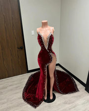 Burgundy Velvet Silver Beaded Evening Dress 2024