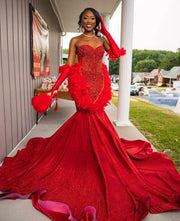 Red Luxe Prom Dress 2024 with Double Gloves & Glitter Diamonds