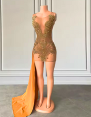 Sparkly Gold Crystal See Thru Rhinestones Birthday Dress with Side Train