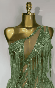 Katie Sparkly Green Rhinestone Tassel One Shoulder Sheer Dress