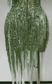 Katie Sparkly Green Rhinestone Tassel One Shoulder Sheer Dress