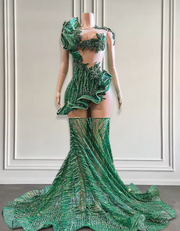 Emerald Green Glitter Lace Ruffle Sheer Sexy Long Mermaid Prom Dress 2025