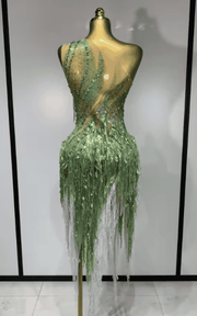 Katie Sparkly Green Rhinestone Tassel One Shoulder Sheer Dress
