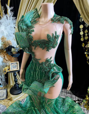 Emerald Green Glitter Lace Ruffle Sheer Sexy Long Mermaid Prom Dress 2025