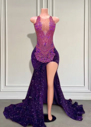 Stunning Purple High Slit Sequin Prom Dress 2025