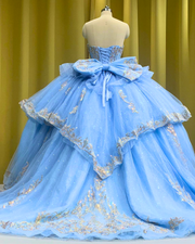 Sky blue quinceañera dress with rose gold appliqués, fitted bodice, and full princess skirt.