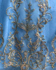 Sky blue quinceañera dress with rose gold appliqués, fitted bodice, and full princess skirt.