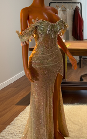 Silver crystal gray sequin off-shoulder prom dress with side high split for prom, evening parties, or galas.