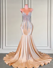 Elegant Champagne 2025 Illusion Neck Sparkly Silver Beads Prom Dress