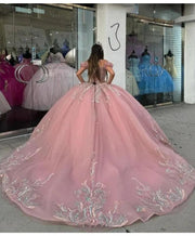 Pink Off-Shoulder Beaded Quinceañera Ball Gown with Lace Appliques