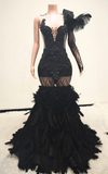 Black sparkly prom dress with rhinestones, diamond details, and ostrich feather train – elegant long evening gown for women