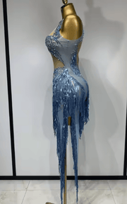 Shin Sparkly Sequin Rhinestone Tassel Sheer Mesh Sleeveless Dress