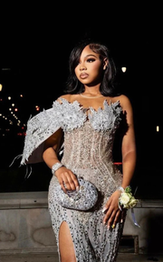 Sequin one-shoulder crystal mermaid prom dress with sparkling detailing and dramatic silhouette.