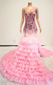 Pink rhinestone applique mermaid prom dress with ruffle tulle, high split, and long train – elegant evening ball gown for women