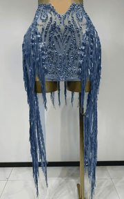 Shin Sparkly Sequin Rhinestone Tassel Sheer Mesh Sleeveless Dress