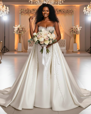 The dress features a fitted silhouette (likely mermaid or trumpet) with an elaborate overskirt. The sweetheart-neckline bodice and the entire front panel of the overskirt are densely hand-embellished with various sizes of clear crystals and white pearls, which appear to cascade downward from the bustline in a dripping effect. The fabric of the skirt and overskirt is a smooth, heavy satin.